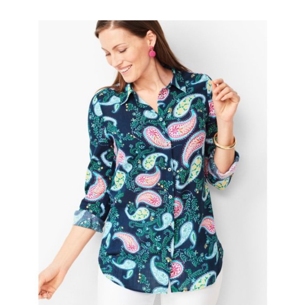 TALBOTS Shirt Petite Blue Paisley Button Front Lightweight 3/4 Sleeve